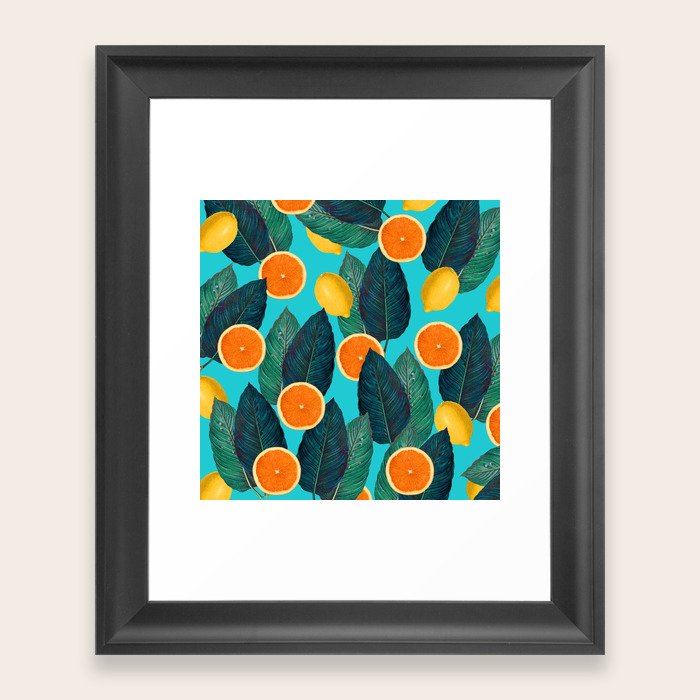 Oranges And Lemons On Teal Framed Art Print by Seven Sirens Studios