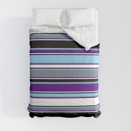 [ Thumbnail: Light Sky Blue, Slate Gray, Indigo, White, and Black Colored Lines/Stripes Pattern Comforter ]