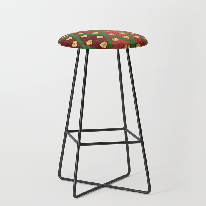 Gold Hearts on a Red Shiny Background with Green Crisscross Lines  Bar Stool