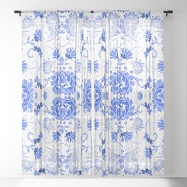 greek blue and white bold paisley flower bohemian  Sheer Curtain
