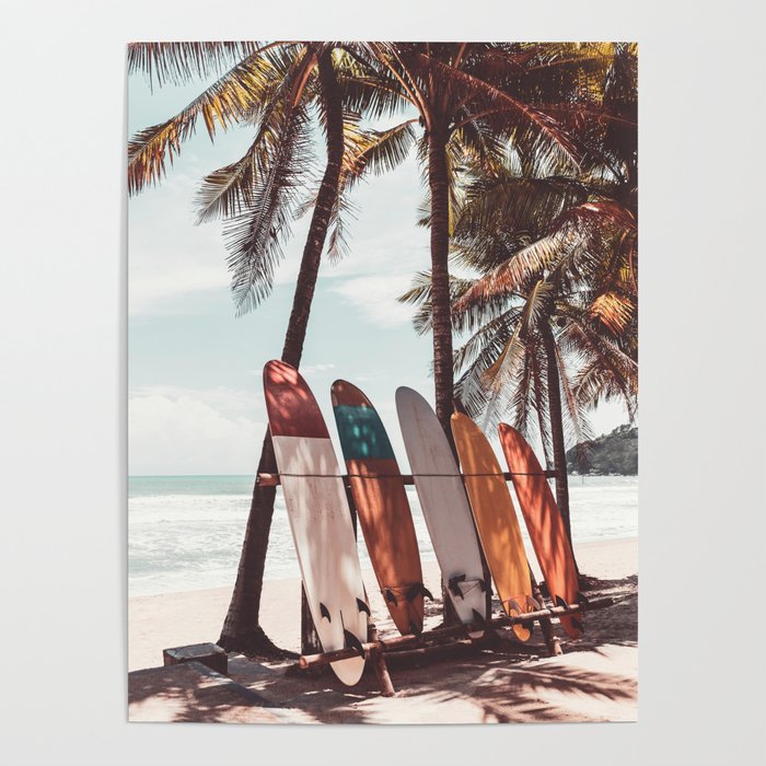 Surfboard and palm tree on summer beach. Travel adventure sport and summer vacation concept. Vintage tone filter effect color style. Poster