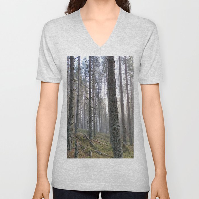 A Walk Through a Misty Scottish Highlands Pine Forest V Neck T Shirt