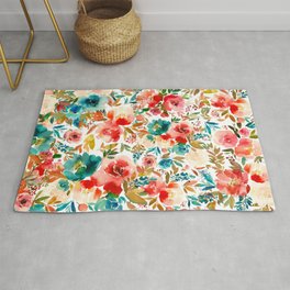 Red Turquoise Teal Floral Watercolor Area & Throw Rug
