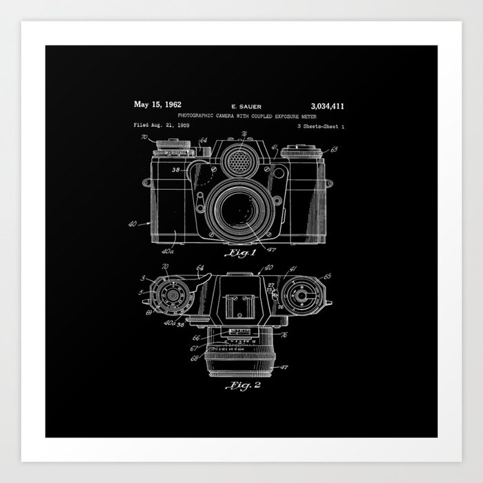 Vintage Camera Patent Black Blueprint Art Print