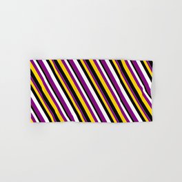 [ Thumbnail: White, Purple, Yellow, and Black Colored Striped Pattern Hand & Bath Towel ]