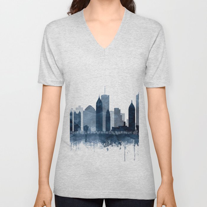 Atlanta Skyline Watercolor Navy Blue by Zouzounio Art V Neck T Shirt
