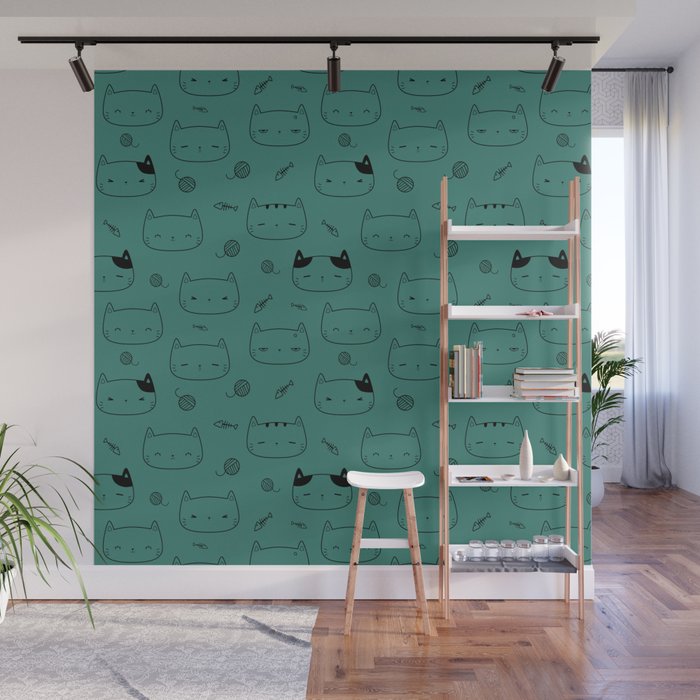 Green Blue and Black Doodle Kitten Faces Pattern Wall Mural