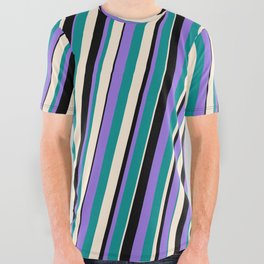 [ Thumbnail: Purple, Dark Cyan, Beige & Black Colored Striped Pattern All Over Graphic Tee ]