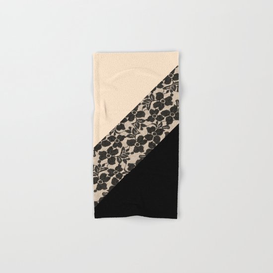 Elegant Peach Ivory Black Floral Lace Color Block Hand & Bath Towel