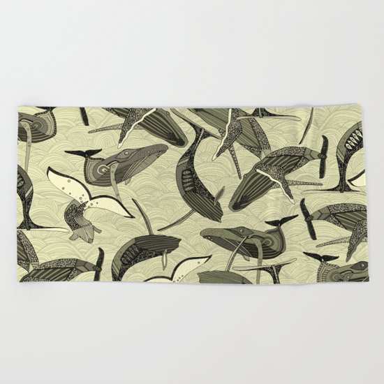whales and waves natural Beach Towel