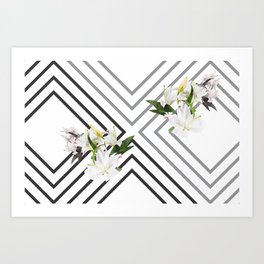 White Flowers & Squares Art Print