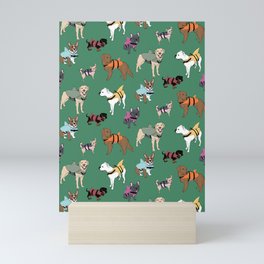 Dog Sharks (dogs in shark life-jackets) on green Mini Art Print