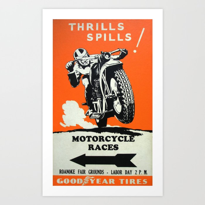 Vintage Racing Poster Motorcycle Races, Goodyear Tires - Vintage Poster Art Print
