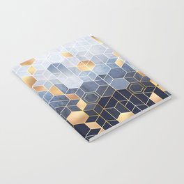 Geometric abstraction of hexagons on a blue relief background with gold elements. Fresco for interior wall mural. Vintage modern home décor. Notebook