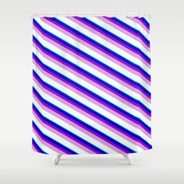 [ Thumbnail: Blue, Dark Violet, Plum, Mint Cream & Turquoise Colored Stripes/Lines Pattern Shower Curtain ]