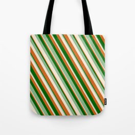 [ Thumbnail: Chocolate, Dark Green, Dark Sea Green & Beige Colored Lines Pattern Tote Bag ]