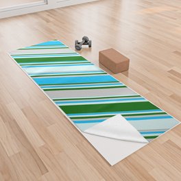 [ Thumbnail: Deep Sky Blue, Light Cyan, Dark Green & Light Gray Colored Lines Pattern Yoga Towel ]
