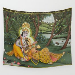 Indian Masterpiece: Radha Krishna in the garden by the stream with lotus flowers landscape painting Wall Tapestry