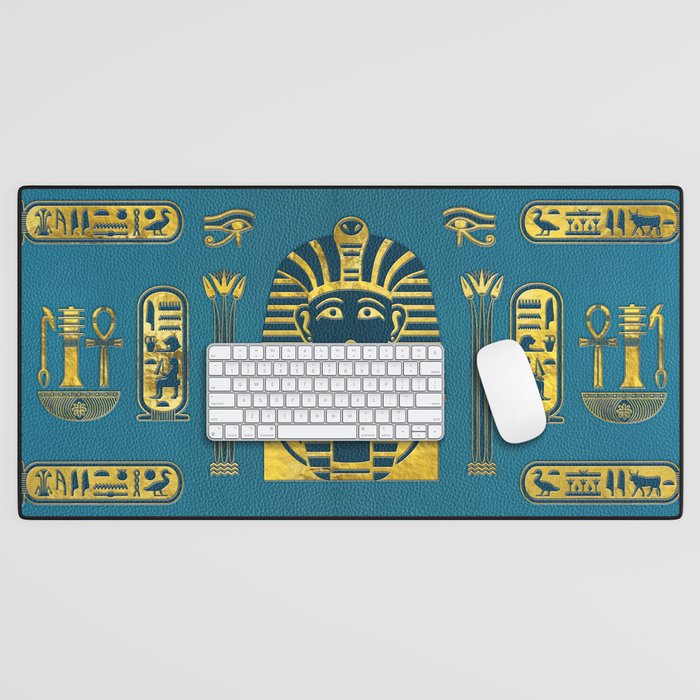 Gold Sphinx head with Egyptian hieroglyphs on blue leather Desk Mat