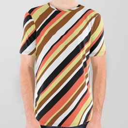 [ Thumbnail: Eyecatching Red, Tan, Brown, White & Black Colored Lined Pattern All Over Graphic Tee ]