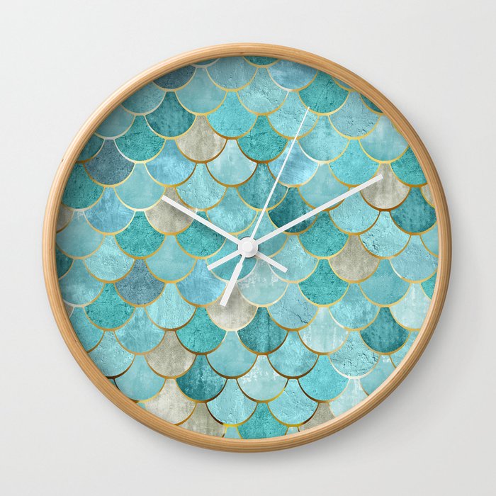 Moroccan Mermaid Fish Scale Pattern, Aqua,Teal Wall Clock