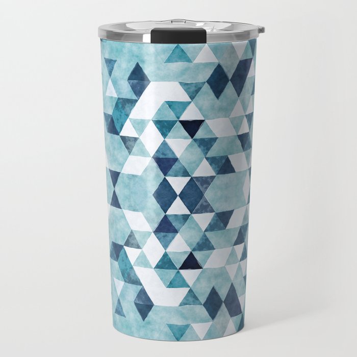Indigo Blue Watercolor Triangles Pattern Travel Mug