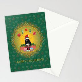 Christmas Black Cat (Green Background) Stationery Card