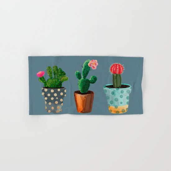 Three Cacti With Flowers On Blue Background Hand & Bath Towel