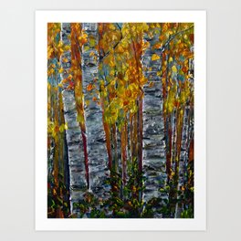 Autumn Aspen Trees with a Palette Knife Art Print | Season, Golden, Autumn, Forest, Birchbark, Rockies, Landscape, Decorative, Outdoors, Treetrunk 