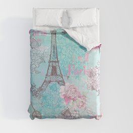I love Paris-blue vintage illustration Comforter