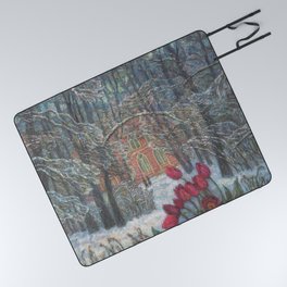 Late Winter Red Tulips in the Snow by the old Woods Houses landscape floral painting Picnic Blanket
