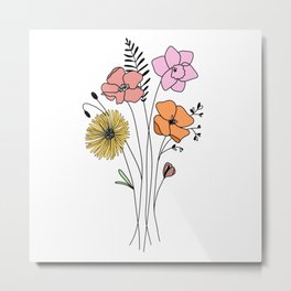 Wildflowers bouquet - line art Metal Print | Wildflowers, Fern, Graphicdesign, Florals, Wildflowersbouquet, Flower, Sunflower, Tulip, Flowers, Florallineart 