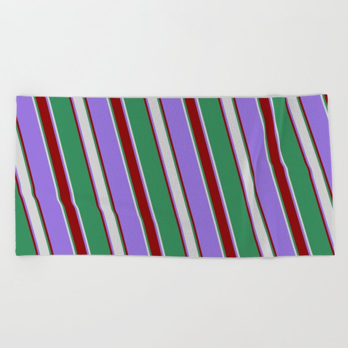 Purple, Dark Red, Sea Green, and Light Grey Colored Lines Pattern Beach Towel