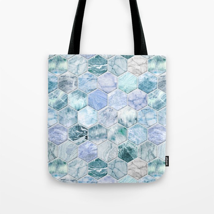 Ice Blue and Jade Stone and Marble Hexagon Tiles Tote Bag