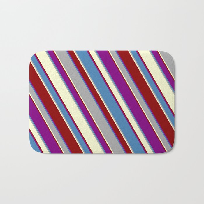Colorful Purple, Blue, Dark Grey, Light Yellow, and Dark Red Colored Striped/Lined Pattern Bath Mat