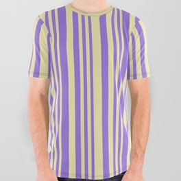 [ Thumbnail: Pale Goldenrod and Purple Colored Stripes/Lines Pattern All Over Graphic Tee ]