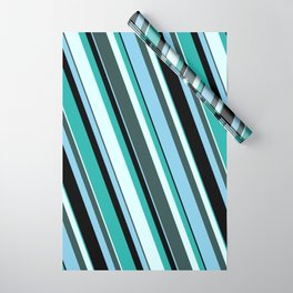 [ Thumbnail: Light Sea Green, Light Cyan, Dark Slate Gray, Sky Blue, and Black Colored Striped/Lined Pattern Wrapping Paper ]