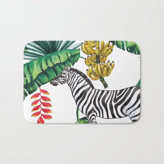 watercolor banana leaves with zebra Bath Mat