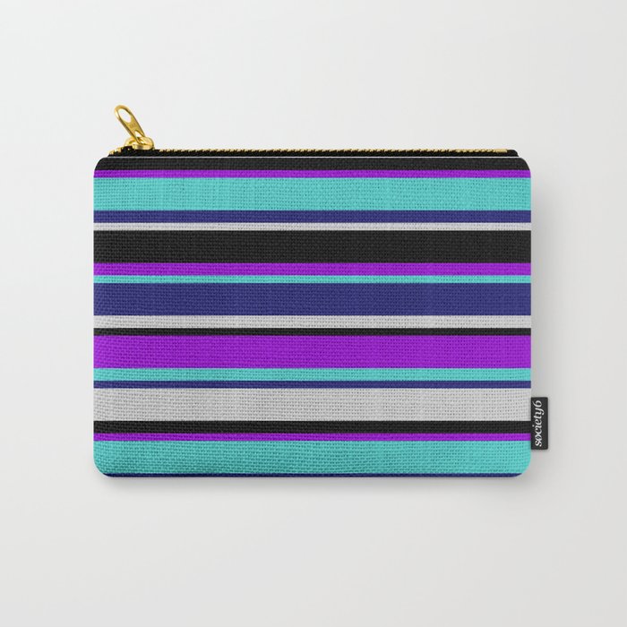 Colorful Dark Violet, Turquoise, Midnight Blue, Light Gray & Black Colored Striped/Lined Pattern Carry-All Pouch