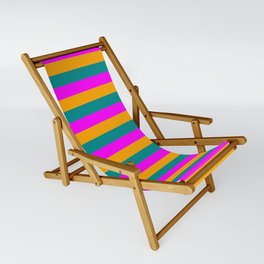 [ Thumbnail: Dark Cyan, Magenta & Orange Striped/Lined Pattern Sling Chair ]