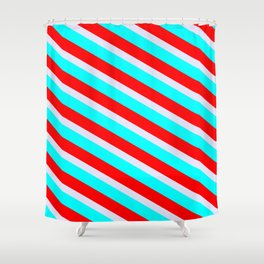[ Thumbnail: Lavender, Cyan & Red Colored Striped Pattern Shower Curtain ]