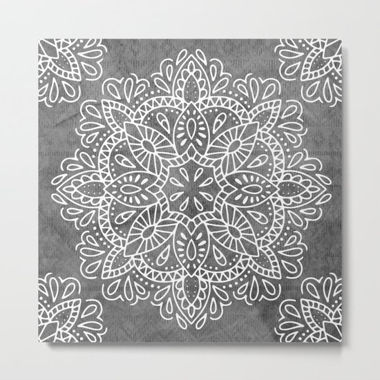 Mandala Vintage White on Ocean Fog Gray Metal Print