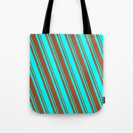 [ Thumbnail: Sienna & Cyan Colored Striped/Lined Pattern Tote Bag ]