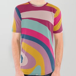 New Groove Colorful Retro Swirl Abstract Pattern Magenta Blue Aqua Pink Mustard All Over Graphic Tee