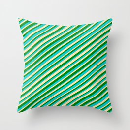 [ Thumbnail: Dark Turquoise, Beige, and Green Colored Striped/Lined Pattern Throw Pillow ]