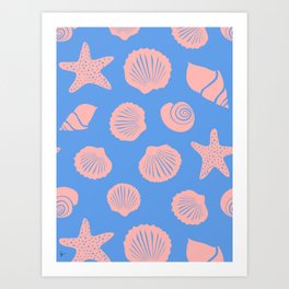 Retro Coastal Shells on Blue Art Print