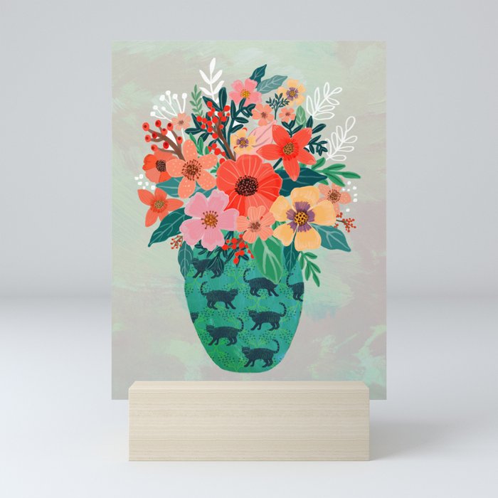 Jar with flowers, cute floral bouquet Mini Art Print