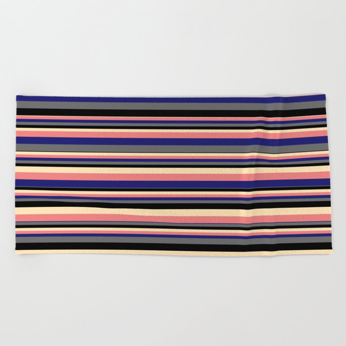 Vibrant Beige, Light Coral, Midnight Blue, Dim Gray, and Black Colored Pattern of Stripes Beach Towel