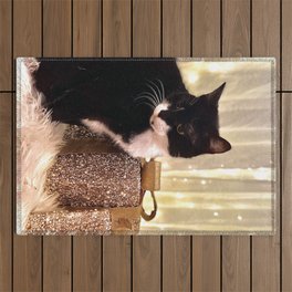 Gold Christmas Present + Tuxedo (black and white) Cat 1 Outdoor Rug