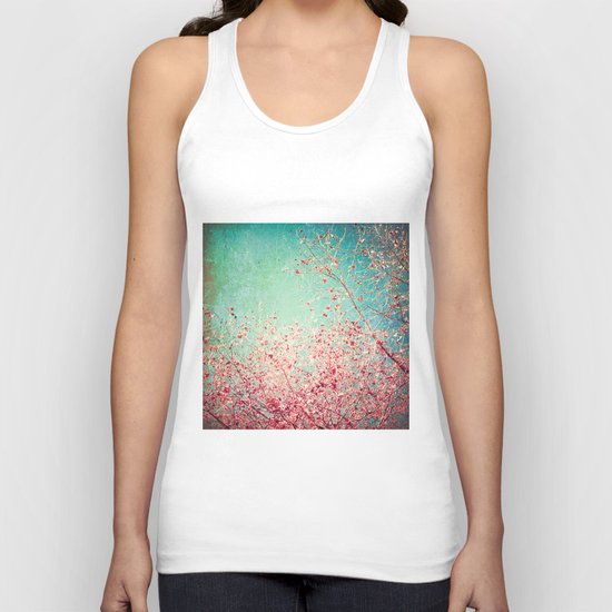 Blue Autumn, Pink leafs on blue, turquoise, green, aqua sky Unisex Tank Top